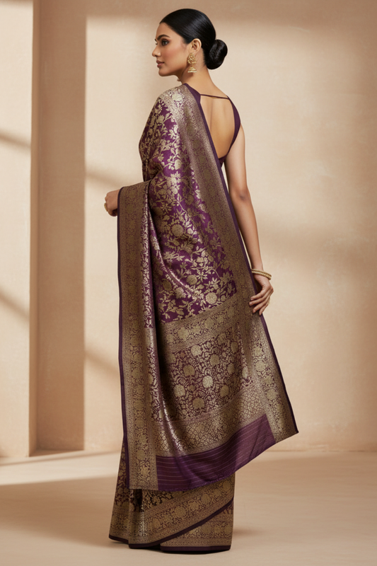 Draped In Royalty Purple Banarasi Silk Saree With Unstitched Blouse