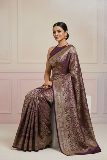 Draped In Royalty Purple Banarasi Silk Saree With Unstitched Blouse