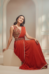 Red Georgette Pre-Draped Designer Saree With Readymade Blouse