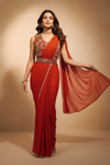 Red Georgette Pre-Draped Designer Saree With Readymade Blouse