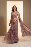 Mauve Lycra Pre-Draped Designer Saree With Readymade Blouse