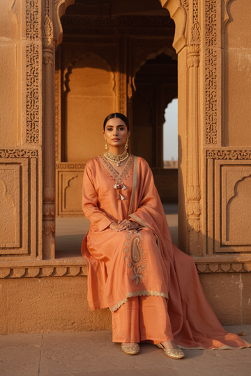 Peach Tissue Readymade Sharara Set With Tissue Dupatta