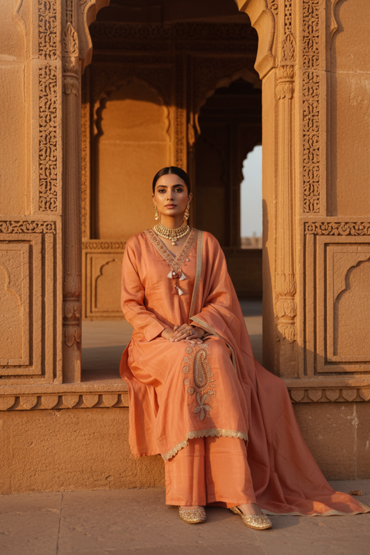 Peach Tissue Readymade Sharara Set With Tissue Dupatta