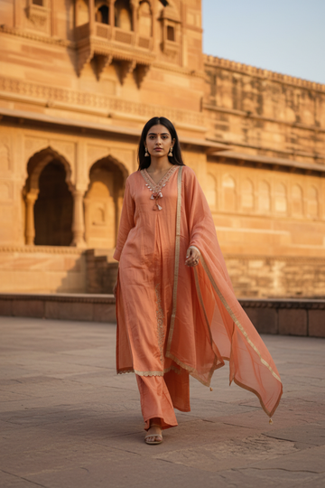 Peach Tissue Readymade Sharara Set With Tissue Dupatta