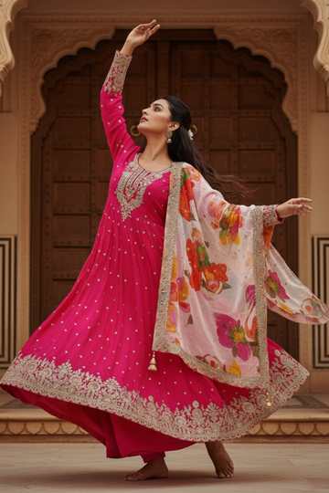 Rani Chinon Floor Length Readymade Suit And Pant With Organza Dupatta