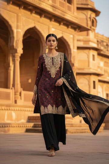 Black Chinon Readymade Sharara Set With Chinon Dupatta