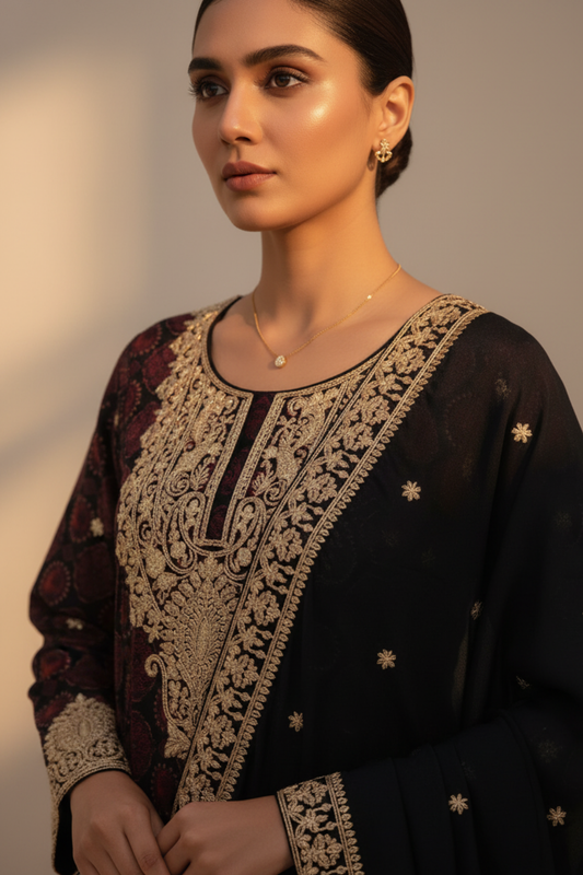 Black Chinon Readymade Sharara Set With Chinon Dupatta