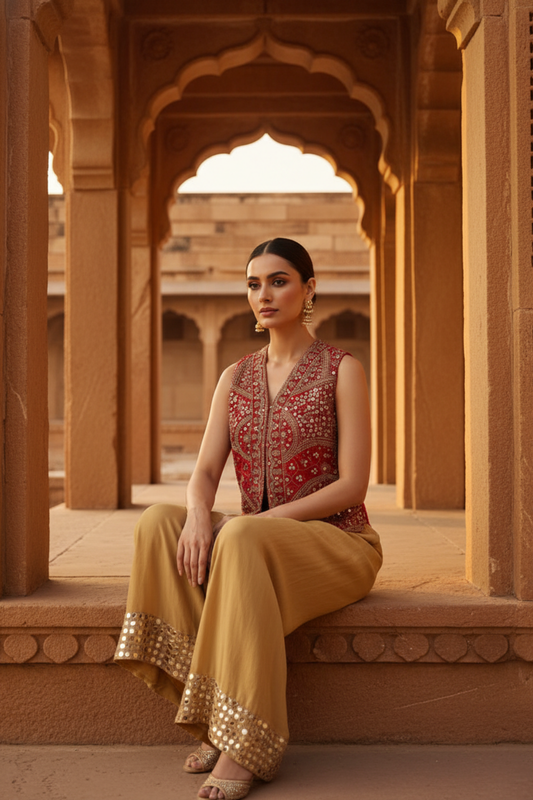 Tussar Rani Georgette Readymade Short Top Sharara Set