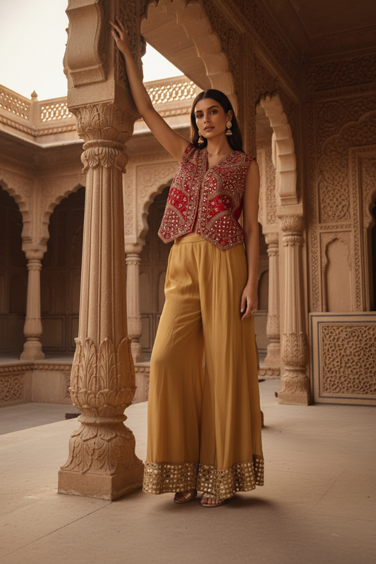 Tussar Rani Georgette Readymade Short Top Sharara Set