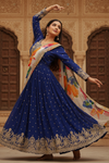 Midnight Blue Chinon Floor Length Readymade Suit And Pant With Organza Dupatta