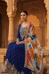 Midnight Blue Chinon Floor Length Readymade Suit And Pant With Organza Dupatta