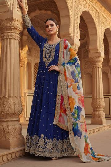 Midnight Blue Chinon Floor Length Readymade Suit And Pant With Organza Dupatta