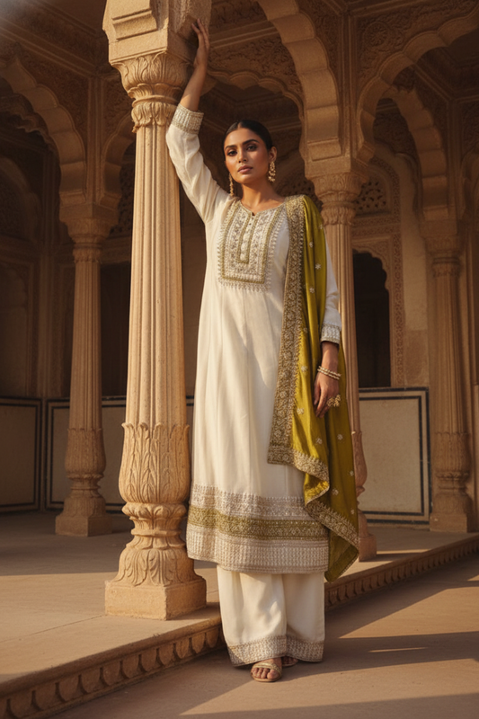 Off White Cotton Readymade Suit And Pant With Cotton Dupatta