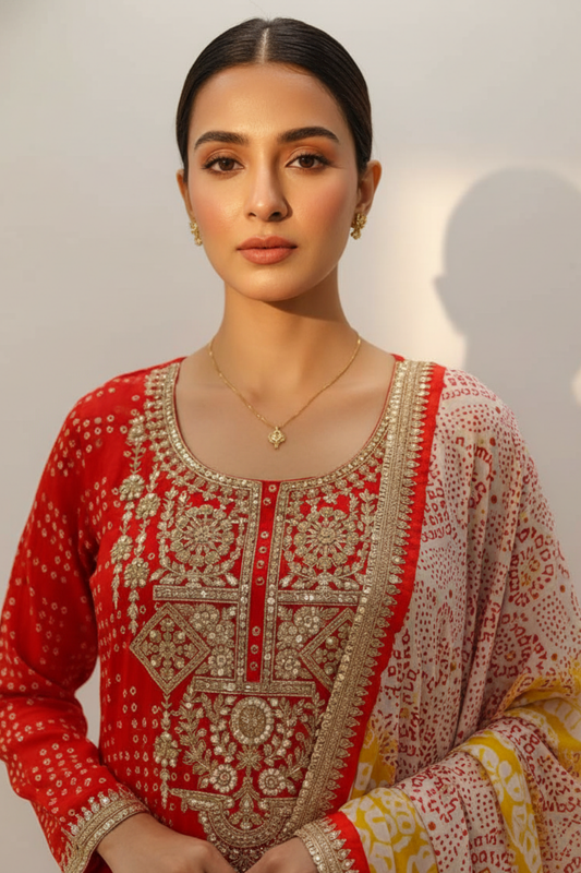 Orange Chinon Readymade Sharara Set With Chinon Dupatta