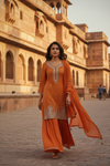Orange Chinon Readymade Sharara Set With Chinon Dupatta