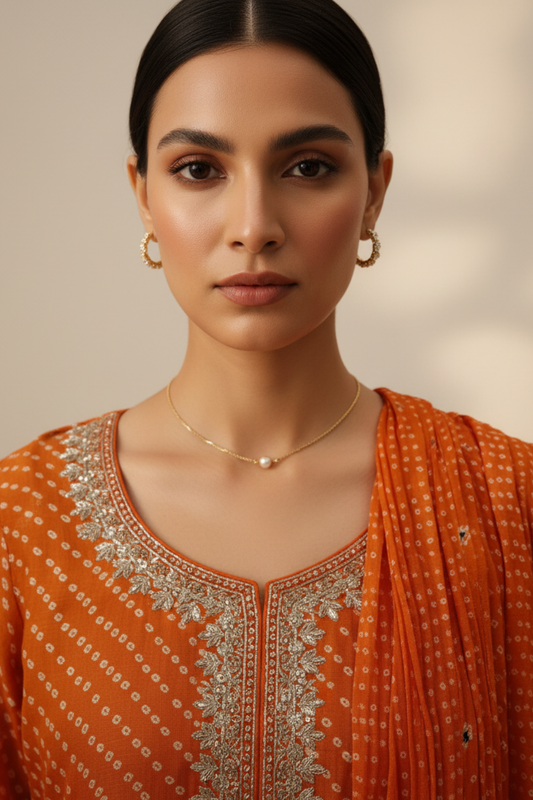 Orange Chinon Readymade Sharara Set With Chinon Dupatta