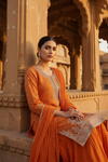 Orange Chinon Readymade Sharara Set With Chinon Dupatta