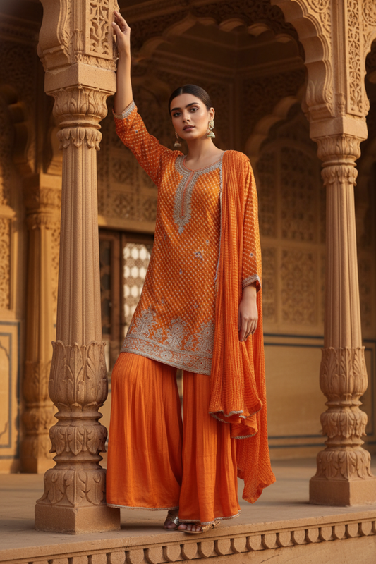 Orange Chinon Readymade Sharara Set With Chinon Dupatta