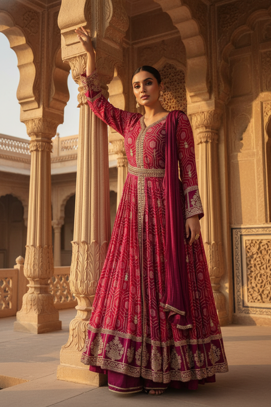 Magenta Georgette Floor Length Readymade Suit And Pant With Chinon Dupatta