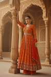 Orange Georgette Floor Length Readymade Suit And Pant With Chinon Dupatta