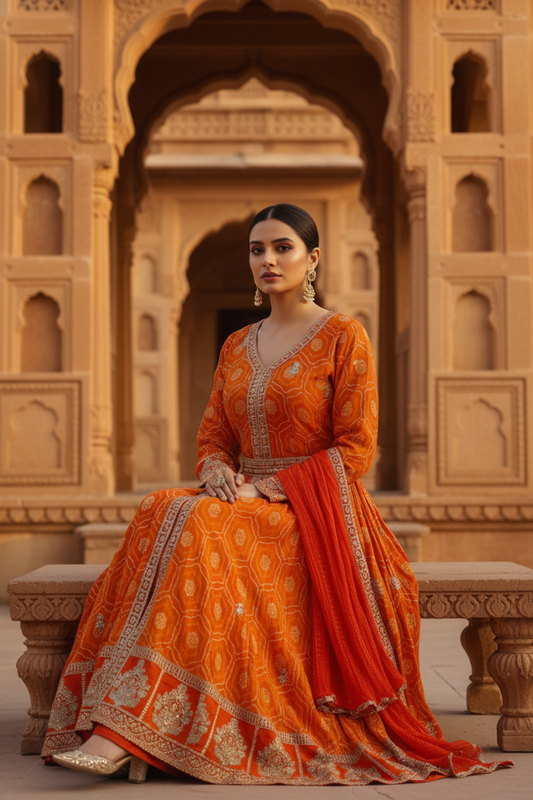 Orange Georgette Floor Length Readymade Suit And Pant With Chinon Dupatta