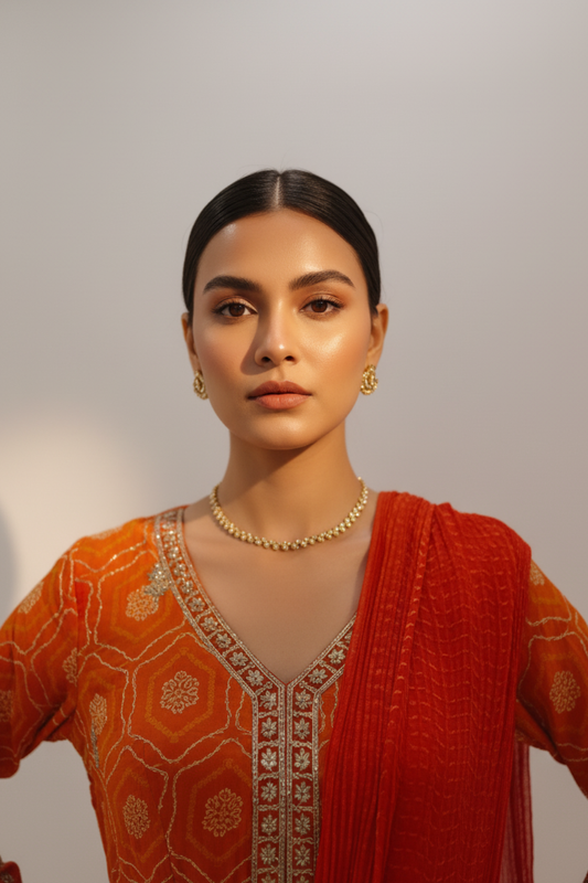 Orange Georgette Floor Length Readymade Suit And Pant With Chinon Dupatta