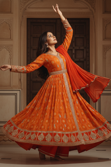 Orange Georgette Floor Length Readymade Suit And Pant With Chinon Dupatta
