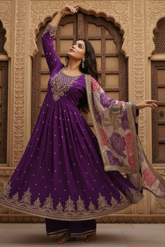 Purple Chinon Readymade Suit And Pant With Organza Dupatta
