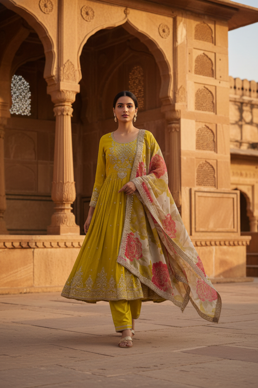 Parrot Chinon Readymade Suit And Pant With Organza Dupatta