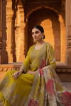 Parrot Chinon Readymade Suit And Pant With Organza Dupatta