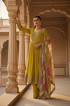 Parrot Chinon Readymade Suit And Pant With Organza Dupatta