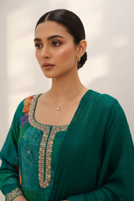 Rama Crepe Readymade Sharara Set With Chinon Dupatta