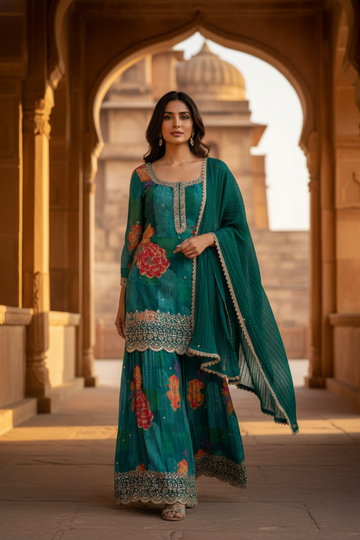 Rama Crepe Readymade Sharara Set With Chinon Dupatta