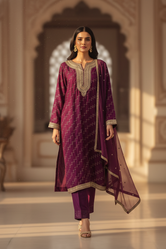 Magenta Cotton Readymade Suit And Pant With Net Dupatta