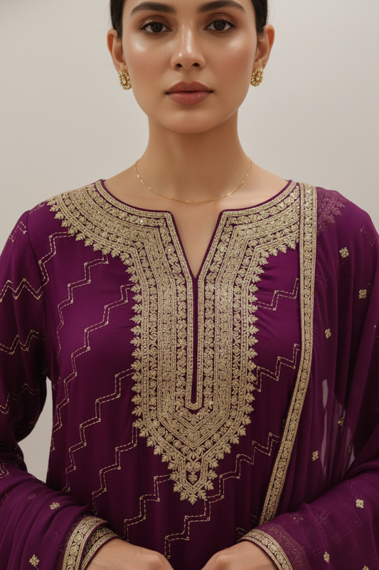 Magenta Cotton Readymade Suit And Pant With Net Dupatta