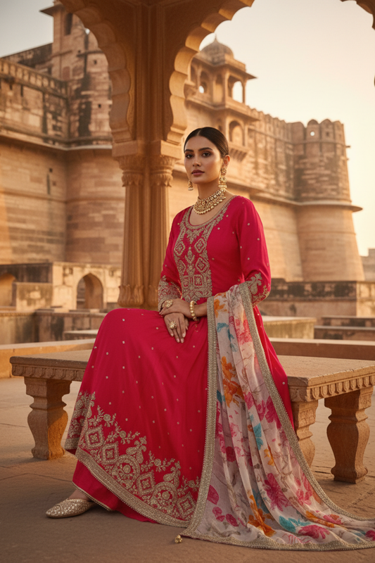 Rani Chinon Readymade Suit And Pant With Organza Dupatta