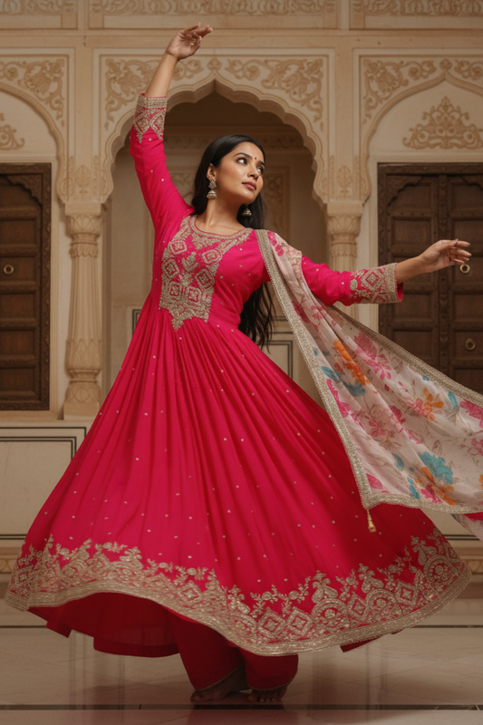 Rani Chinon Readymade Suit And Pant With Organza Dupatta