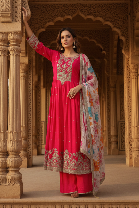Rani Chinon Readymade Suit And Pant With Organza Dupatta