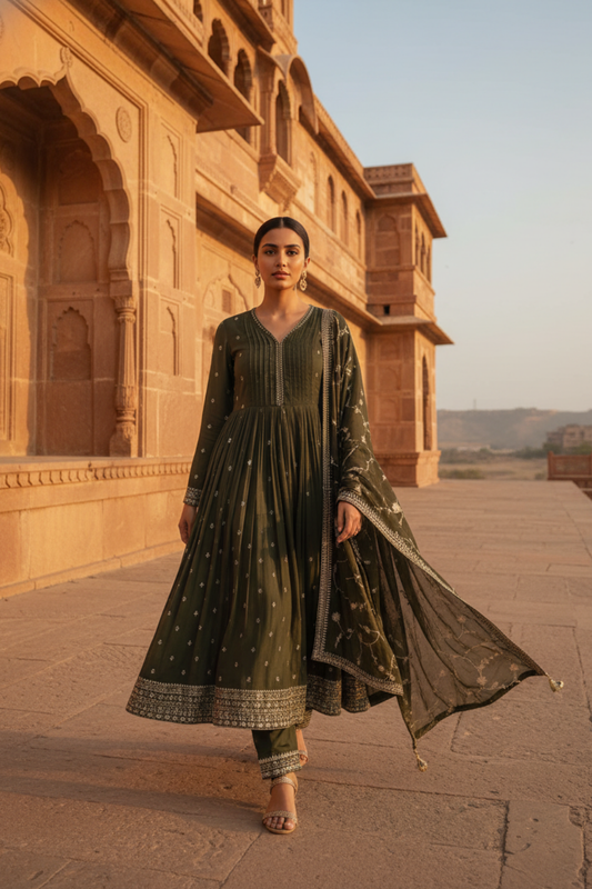 Mehndi Cotton Readymade Suit And Pant With Cotton Dupatta