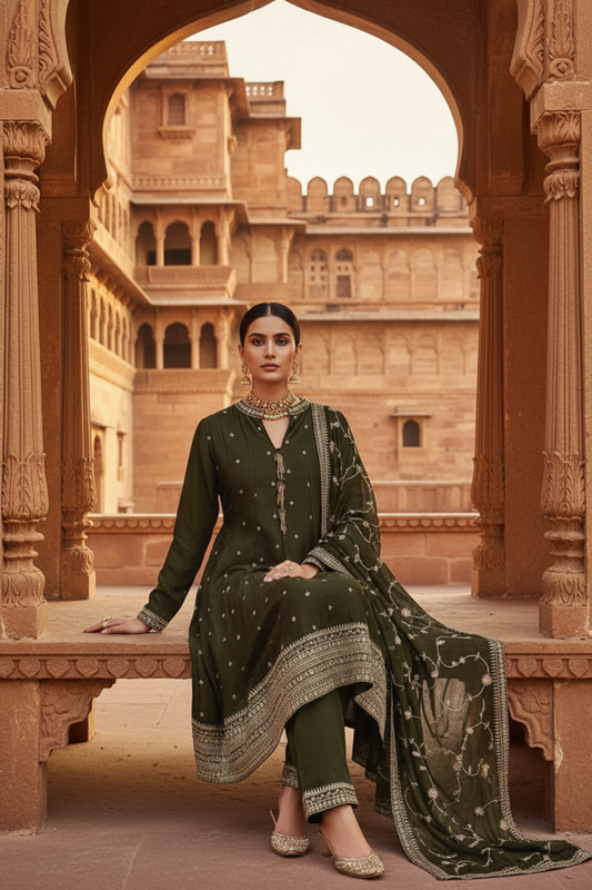 Mehndi Cotton Readymade Suit And Pant With Cotton Dupatta