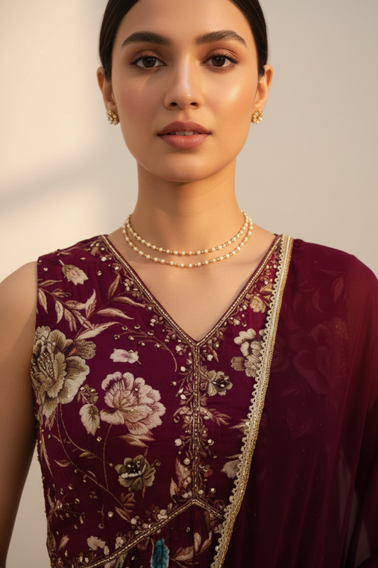 Magenta Georgette Readymade Sharara Set With Georgette Dupatta