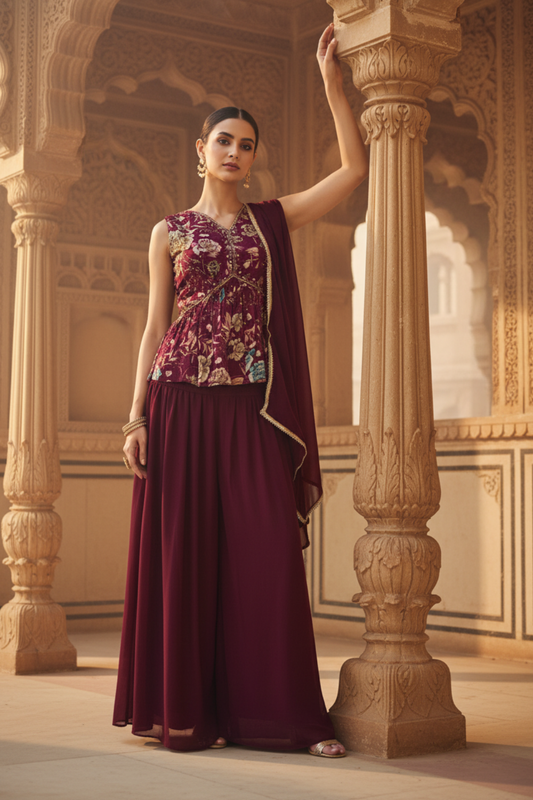Magenta Georgette Readymade Sharara Set With Georgette Dupatta