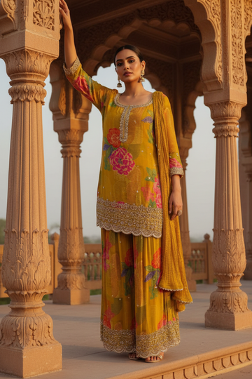 Lemon Gold Crepe Readymade Sharara Set With Chinon Dupatta