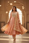 Peach Tissue Readymade Suit And Palazzo With Tissue Dupatta