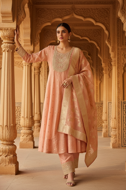 Peach Tissue Readymade Suit And Palazzo With Tissue Dupatta