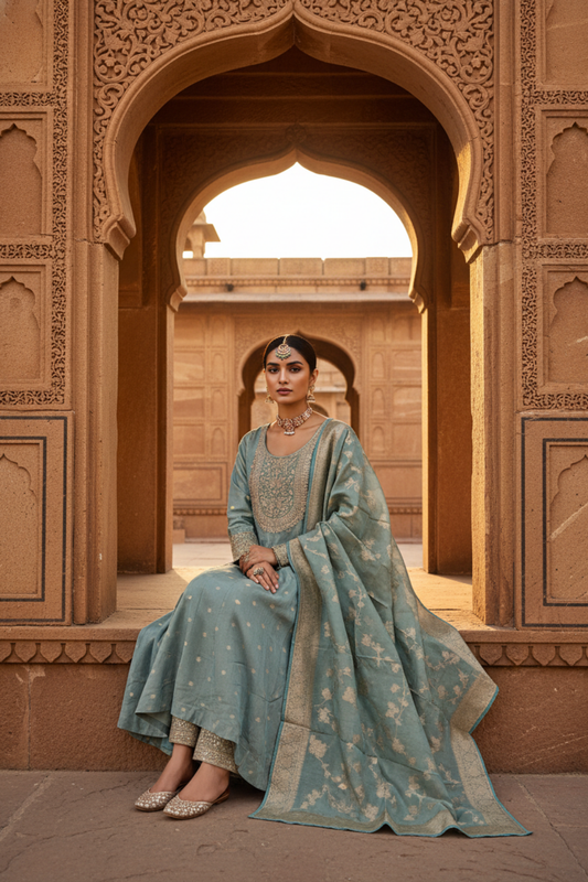 Mint Green Tissue Readymade Suit And Palazzo With Tissue Dupatta