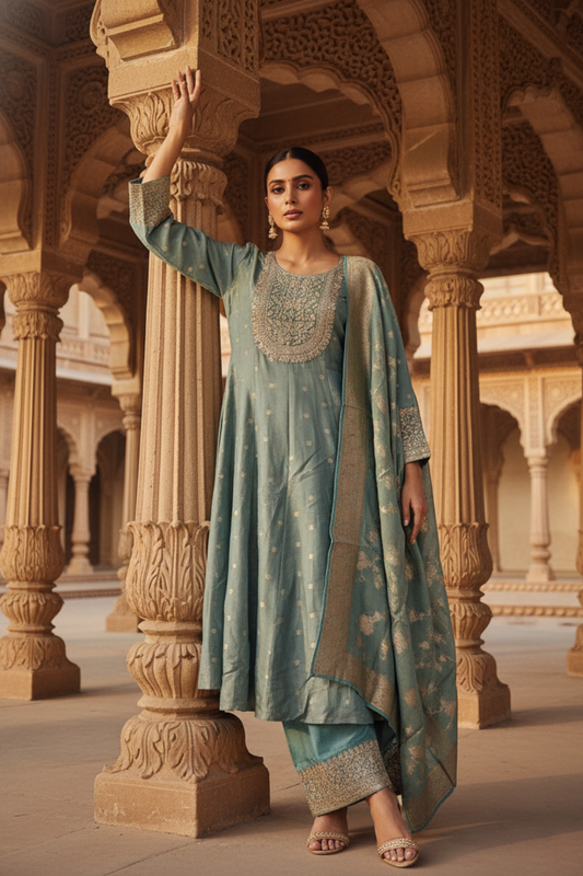 Mint Green Tissue Readymade Suit And Palazzo With Tissue Dupatta