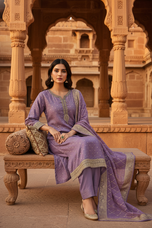 Mauve Dola Readymade Suit And Pant With Organza Dupatta