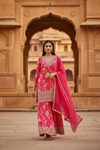 Coral Crepe Readymade Sharara Set With Chiffon Dupatta