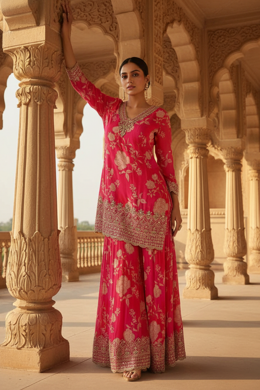 Coral Crepe Readymade Sharara Set With Chiffon Dupatta